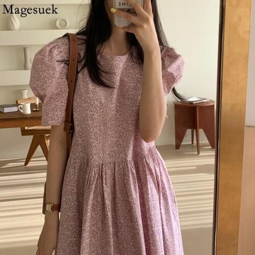 Korean High Waist Party Dresses Flower Print Bubble Sleeves Summer Dress Gentle 2021 Pleated Clothing Loose Robe Femme 15038