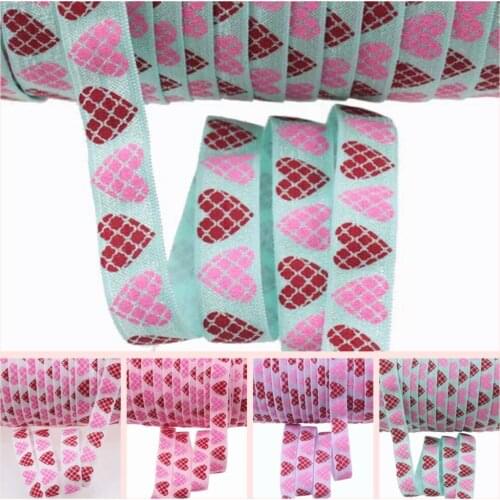 3 colors 50 yards 5/8'' heart printed FOE fold over elastic ribbons for Valentine accessaries