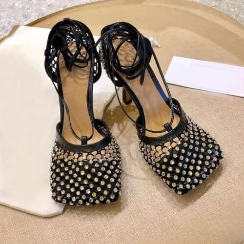 Luxury Diamond Summer Square Toe Sandals Women Designer Hollow Out High Heels Shoes Lady Sexy Party Sandals Pumps Shoes