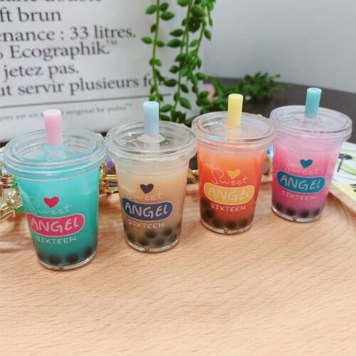 Creative Simulation Boba Milk Tea Liquid Flow Cartoon Mini Keychain Comes With Straw 2021 Explosion Decompression Toy Pendant