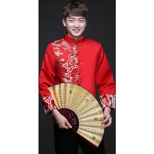 Groom Satin Cheongsam Retro Tops Oriental Suits Traditional Evening Gown Red Wedding Qipao Tradition Chinese Embroidery Clothes