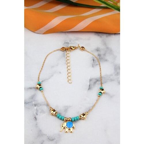 Blue Beaded Elephant And Star Figured Elegant Anklets