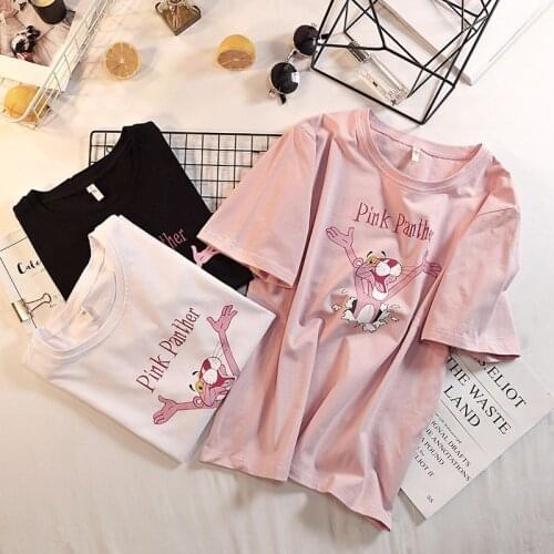 T-shirts For Women Cotton Short Sleeves Pink Panther Print Top Tees Ladies Cartoon T Shirts Female Summer Casual T-shirt