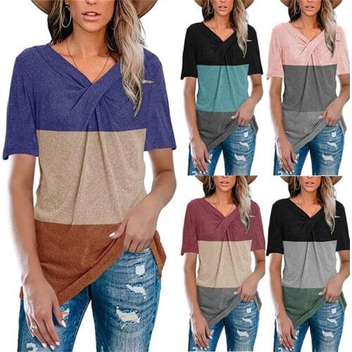 Stripe Print tees Shirt Womens V Neck Short Sleeve Summer Casual Tshirt Cross Knot Loose Oversize Harajuku Tops Ropa De Mujer