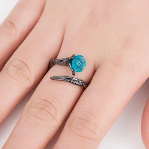 Dainty Double Layer Crystal Blue Rose Flower Gray Thorns Shaped Adjustable Rings for Women Wedding Rings