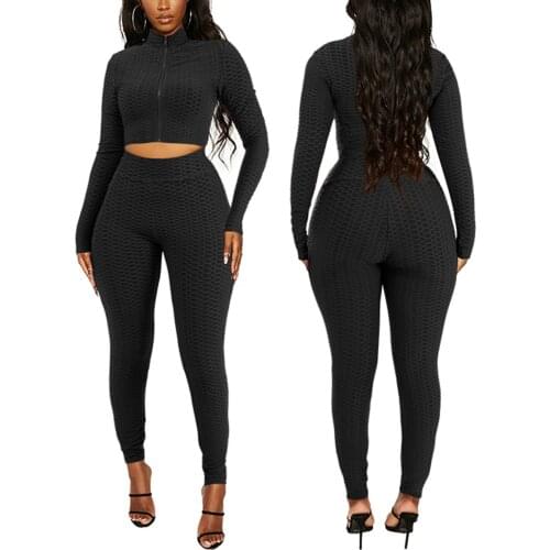 2 Pieces Suit Set, Female Solid Color Long Sleeve Crop Tops with Zipper+ Long Pants for Spring Fall, S/M/L/XL