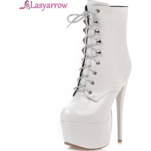 Lasyarrow 16cm heel extreme high heel patent ankle boots lace up sexy fetish pole dance platform boots ladies party shoes woman
