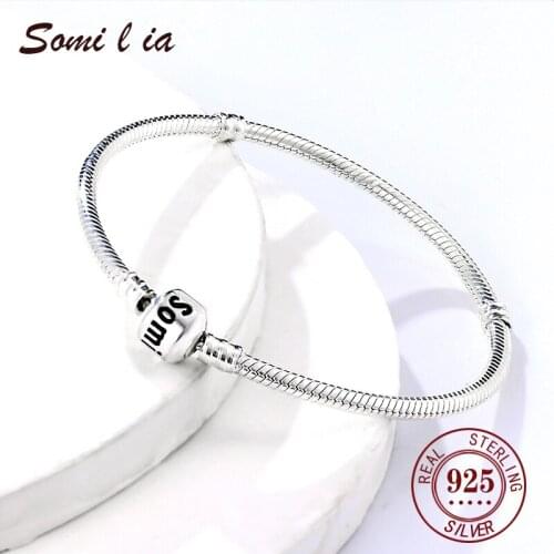 SOMILIA Authentic 100% 925 Sterling Silver Femme Snake Chain Bead Bracelet & Bangle For Charms Luxury Jewelry Pulseira SML0260