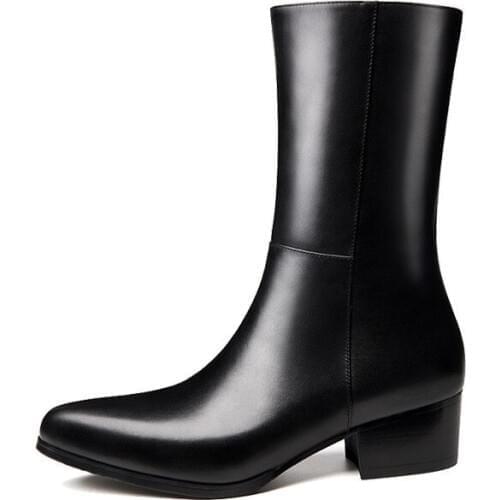 Autumn Winter Warm Mens Genuine Leather Boots Brand Pointed Toe High Heel Zipper Boots Fashion Classic Black Male Dress Boots