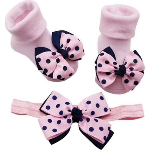 0-1T Newborn Baby Girl Cute Bowknot Cartoon Design Cotton Socks With Hairband Photography Props Set Ins