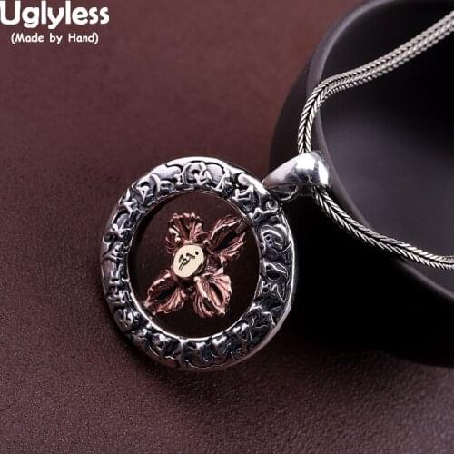 Uglyless Buddhistic Vajra Spinning Cross Pendants for Men Thai Silver Religious Necklaces NO Chain Solid 925 Silver Bijoux P1004