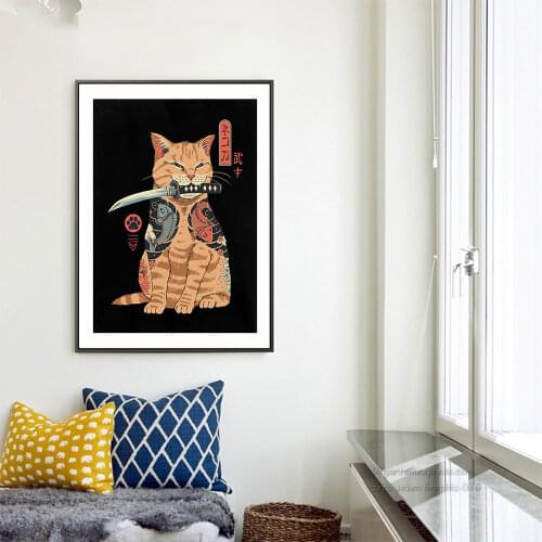 Samurai Cat Poster Catana Canvas Painting Nordic Japanese Art Print Modern Interesting Wall Picture For Living Room Home Decor