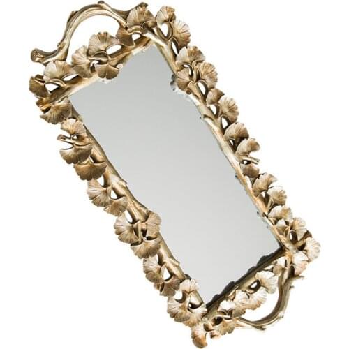 1Pc Rectangular Gingko Leaf Retro Carved Tray Mirror Tea Fruit Dessert Coffee Dessert Table Storage Tray(Golden)
