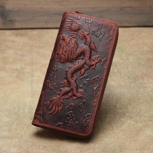Retro Genuine Leather Embossed Women Wallet 2021 Spring New Dragon Pattern Long Men Wallets Card Holder Handmade Cowhide Purse