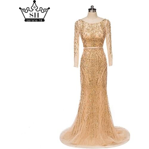 Luxury Long Sleeves Tulle Evening Dress Mermaid Sequined Beading New Style Evening Gowns Robe De Soiree 2020 Serene Hill LA6030