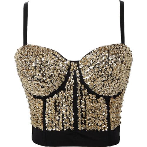 Sexy Bright Beading Sequins Nightclub Push Up Bralette Bra Cropped To Wear Out Corset Tops Female Camis Crop Top Mujer Clothes