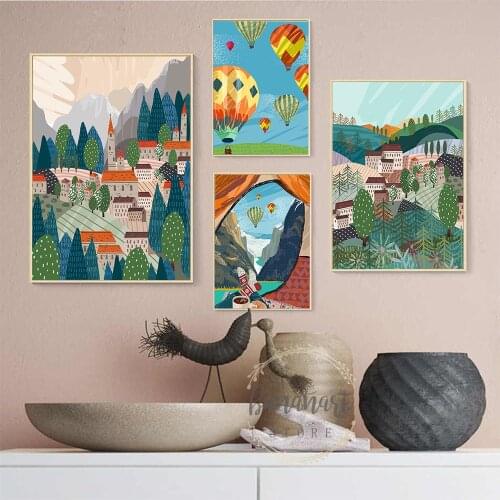 Modern Minimalist Nordic Living Room Art Retro Landscape Rainbow Balloon Poster Canvas Painting Wall Art Picture Home Decoration
