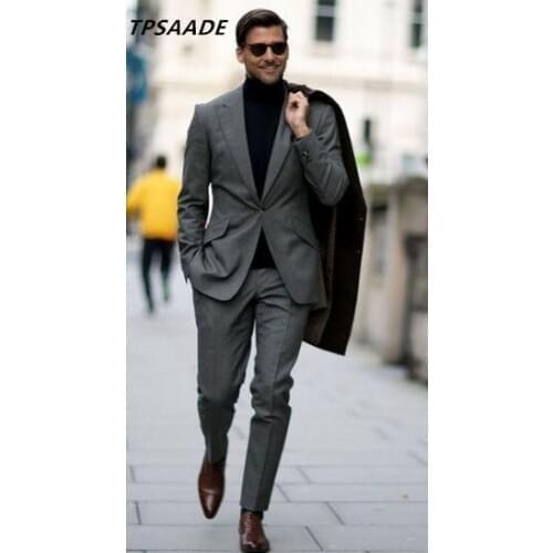Charcoal Grey Wool Blend Suit Men Blazer Modern Business Men Suit Pants Smart Casual Slim Fit Formal Jacket Tuxedo Costume Homme
