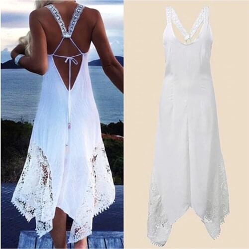 Women Summer Sexy Beach Dress Beachwear Women Lace Dress Patchwork Sleeveless Dress Backless Strapless Lace-Up Sexy Dress Women