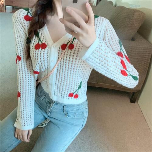 Woman Sweaters Cardigan Pearl Buckle Knitted Cherry Embroidered Cardigan Autumn Hollow Out Small Coat Sueters De Mujer