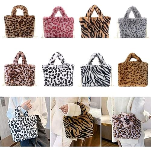 Women Leopard Print Clutch Handbag Faux Fur Tote Bag Zebra Stripe Crossbody Bag