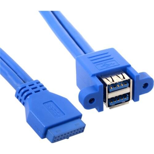2 Port USB 3.0 A Gemale to USB 3.0 20pin 20pin Gemale Motherboard Mount twins Cable Adapter with Dcrew Hole 50cm
