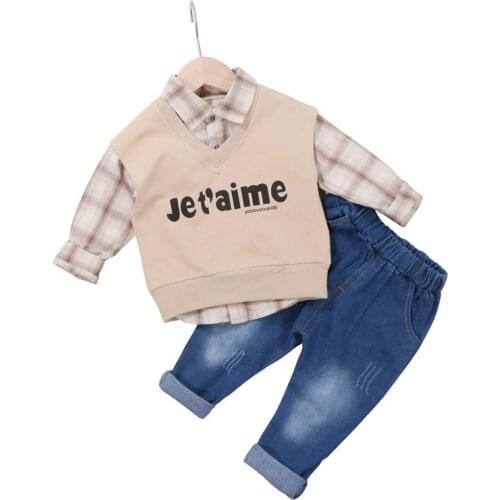 Autumn Childrens Clothing Sets Baby Boys Plaid Long-sleeved Shirt Cotton Vest + Jeans 3pcs Clothes Set Toddler Kids Clothes