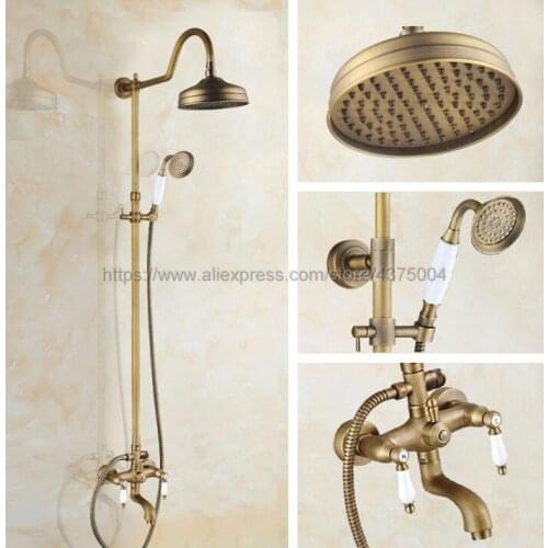 Antique Brass 8" Rainfall Shower Head Shower Faucet Mixer Set Dual Handle + Tub Spout + Hand Held Shower Nan815