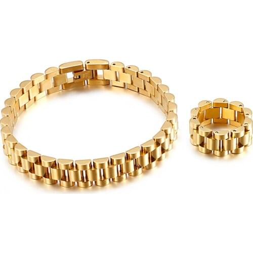 Brandnew jewelry set Bracelet Ring set stainless steel gold Link chain bracelet bangle ring size 8-12