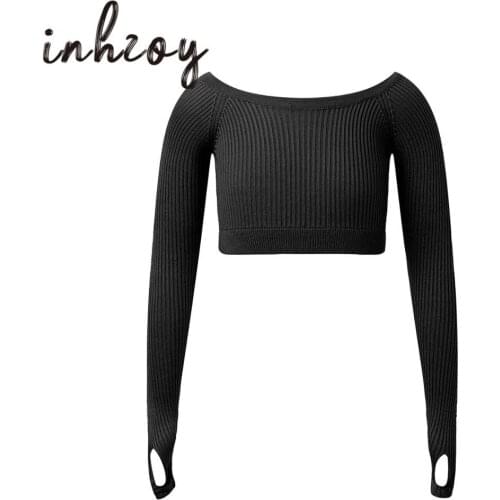 Kids Girls Long Sleeve Tight Ballet Dance Crop Top Winter Warm Dance Knitted Sweater Gymnastics Workout Fitness Crop Tops