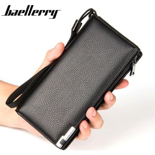 Baellerry Solid Long Mens Leather Wallet Business Purse With Zipper Coin Pocket Card Holder Cell Phone Clutch Bag For Man