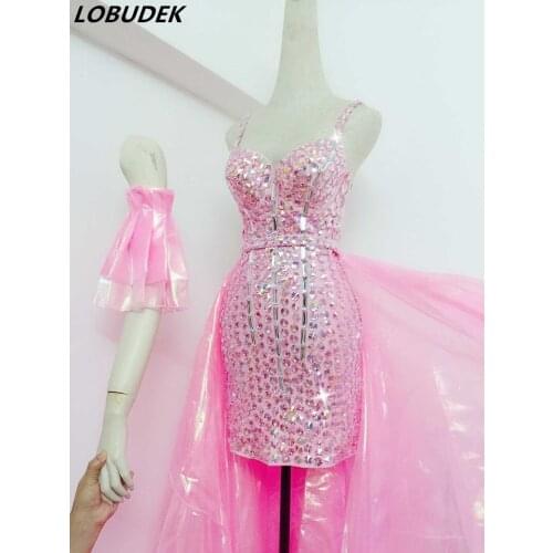 Bar Nightclub Women Pink Yarn Tail Glitter Rhinestones Strap Dress Female Singer Stage Outfit Clubwear Dancer Show Dance Costume