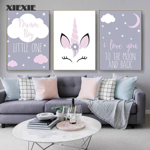 Unicorn Canvas Poster Baby Girl Cute Cartoon Nursery Quotes Wall Art Print Love You To The Moon Painting Nordic Kids Room Decor