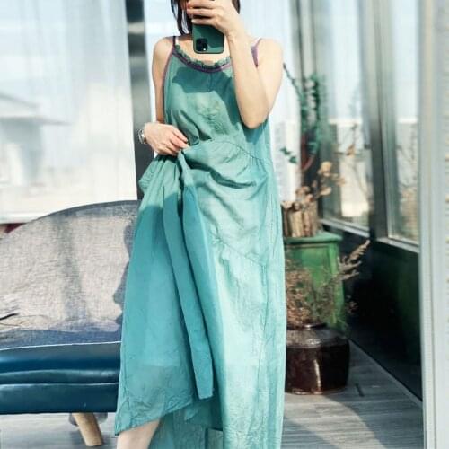Johnature 2020 Summer New Cotton Linen Retro Patchwork Solid Color Suspender Dresses Simple Comfortable All-match Women Dress