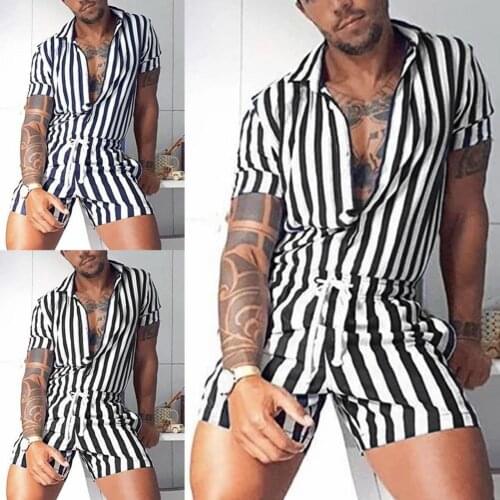 Men Casual Jumpsuit Turndown Collar Breathable Stripe Drawstring Sexy Lapel Thin Tracksuit Comfortable to wear for Fitness