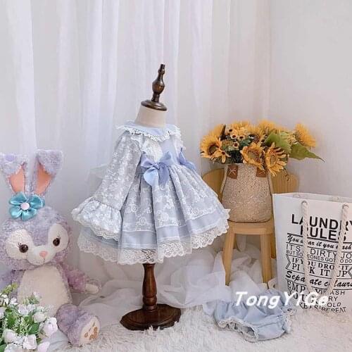 2PCS Baby Girl Autumn Winter Long Sleeve White Lace Blue Vintage Turkish Spanish Princess Gown Dress for Birthday Christmas Dres