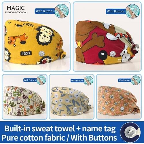 Cotton medical Scrub Cap Lab dustproof hat Cartoon Print doctor Scrubs Cap nursing Accessories Pet clinic Working Hat Adjustable