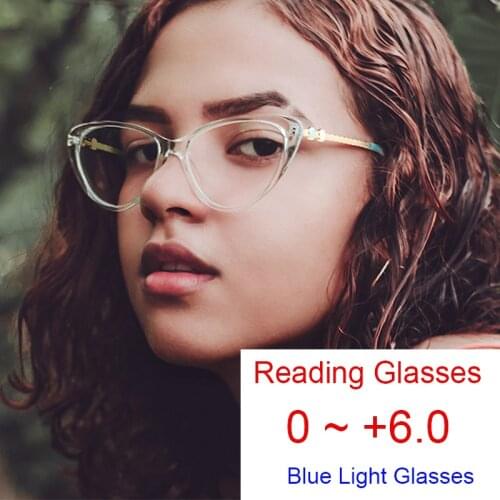 Fashion Women Cat Eye Reading Glasses Anti Blue Rays Clear Eyeglasses Frame Wives Hyperopia Spectaclese Glasses 0 To +6.0 Points