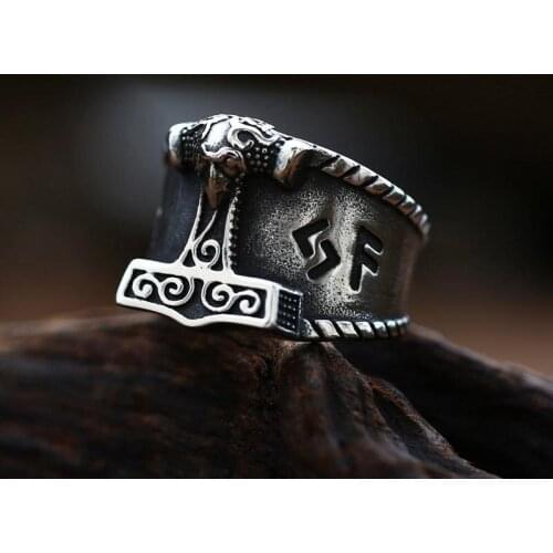 Nordic Viking Hammer Mens Rune Ring Retro Stainless Steel Crows Mouth Biker Stainless Steel Jewelry Boyfriend Gift Wholesale