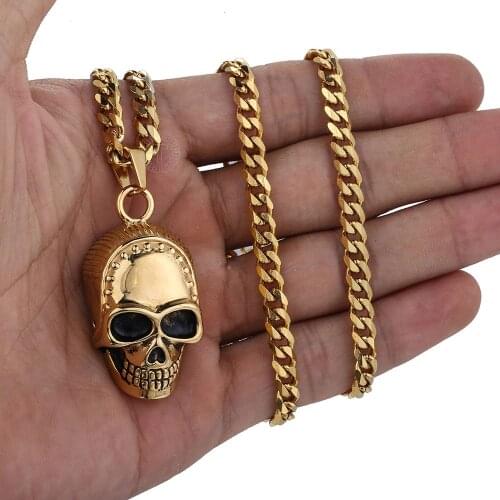 Mens Pendant Necklace Rock Roll Gothic Gold Black Carved Hollow Skull 316L Stainless Steel Pendant Necklace 24inch DHP264