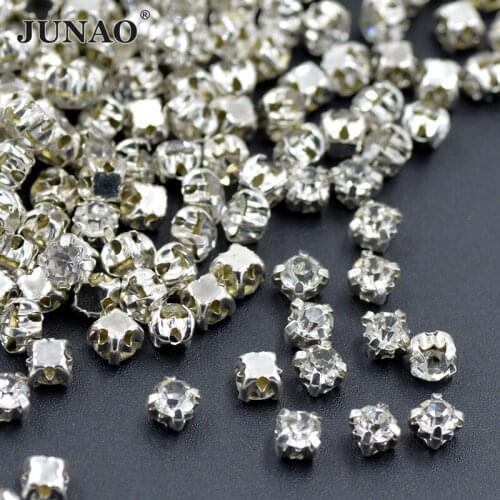 JUNAO SS12 16 18 20 25 Sliver Claw Settings Sewing Rhinestone Beads Round Clear Glass Crystal Sew On Stones for Needlework