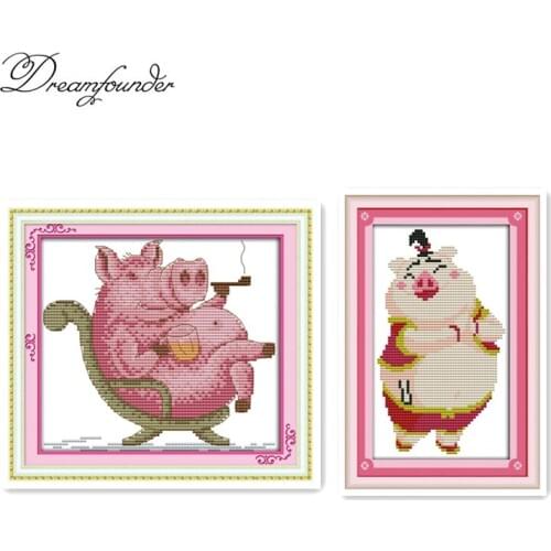 Cozy pig dad cross stitch kit aida 14ct 11ct count printed canvas stitches embroidery DIY handmade needlework
