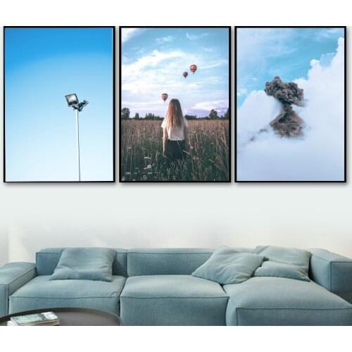 Blue Sky White Mountain Landscape Wall Art Canvas Painting Nordic Fashion Girl Posters And Pictures Scandinavian Room Decor