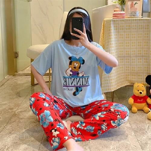 New Mickey Minnie Bear Cartoon Duck Pattern Print Summer Ladies Short Sleeve Pants Pajamas Loose Suit Fashion Home Service