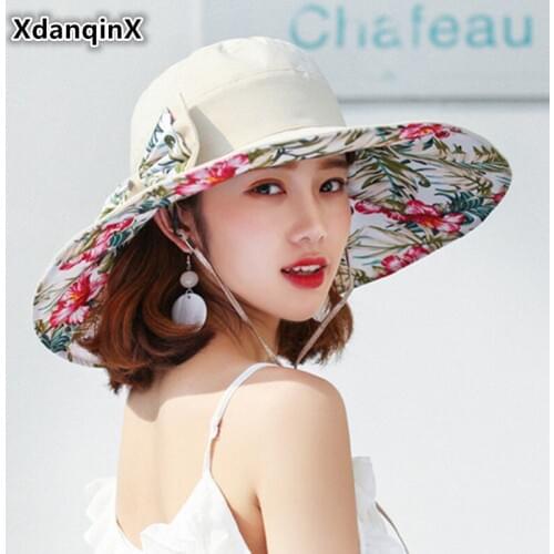 XdanqinX Adult Womens Summer Super Big Brim Sun Hat Foldable Wind Rope Fixed UV Resistant Fashion Print Beach Hats For Women