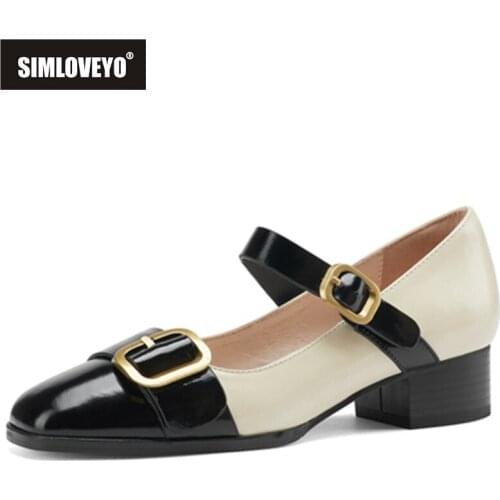 SIMLOVEYO New 2021 Women Pumps Square Toe 3.5cm Block Heels Genuine Leather Patchwork Buckle Classic Size 39 Casual Date B2421