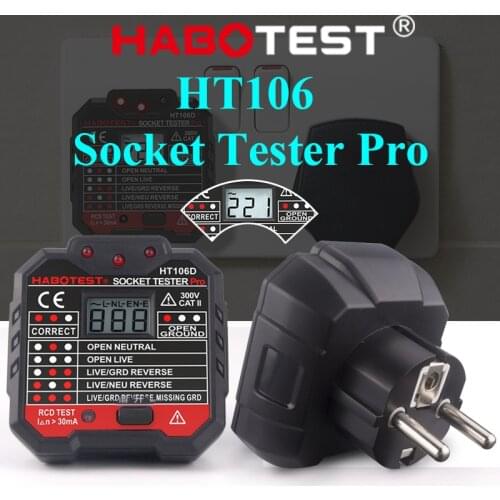 HT107 Socket Tester Pro Voltage Test RCD 30mA Socket Detector UK EU Plug Ground Zero Line Plug Polarity Phase Check