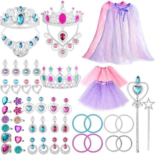 56Pcs Princess Jewelry Pretend Play Capes Cloaks Ballet Tutu Skirts Crowns Necklaces Jewel Rings Accessorie Toy for Little Girls