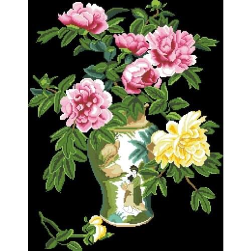 Peony flower vase cross stitch package pink yellow aida 18ct 14ct 11ct black cloth people kit embroidery DIY handmade needlework