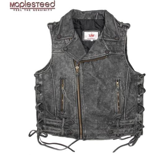 MAPLESTEED Cowhide Genuine Leather Vest Men Motorcycle Vest Vintage Moto Biker Vest Red Black Mens Waistcoat Plus Size 5XL 051